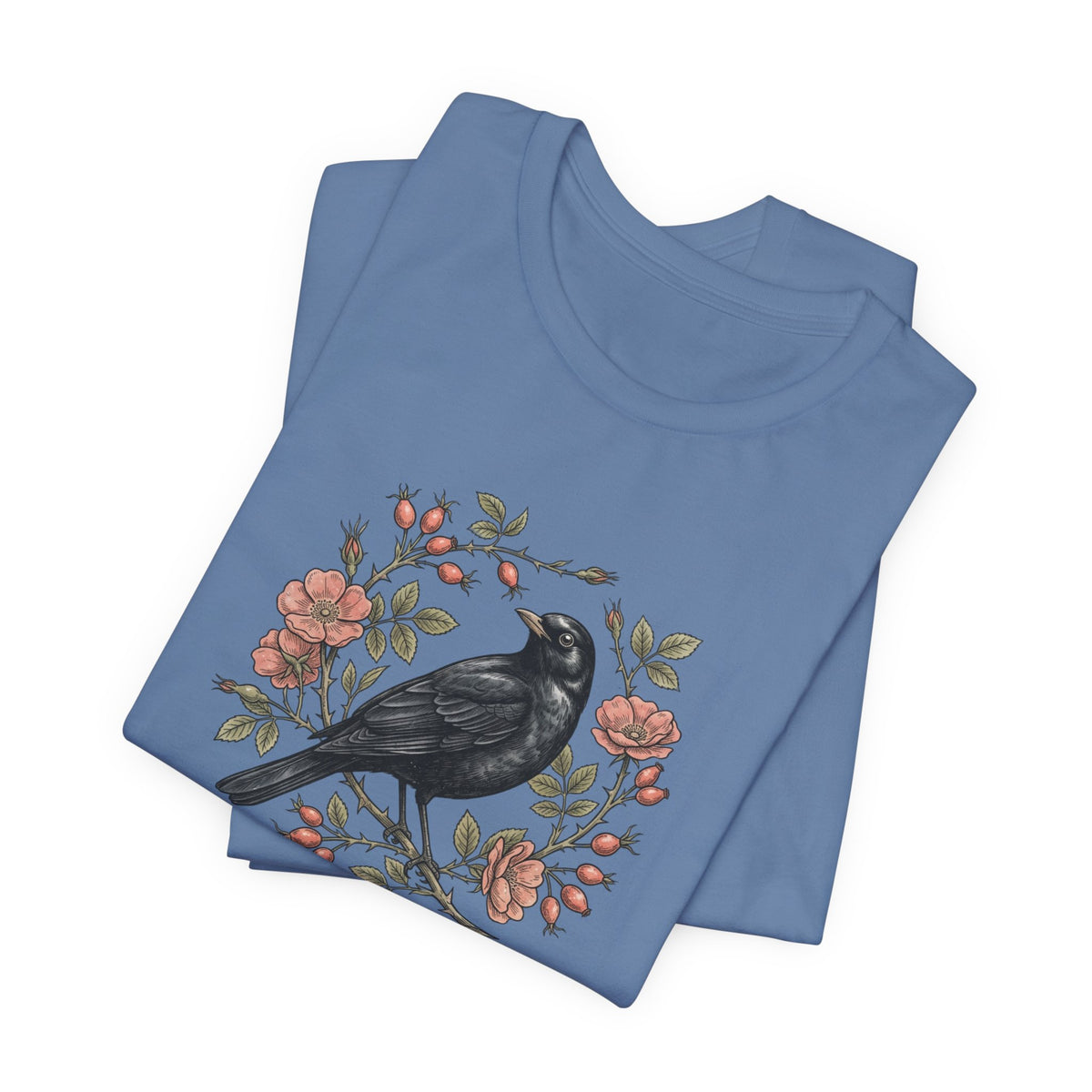 Black Bird Floral Wreath Tee | Botanical Rose Illustration