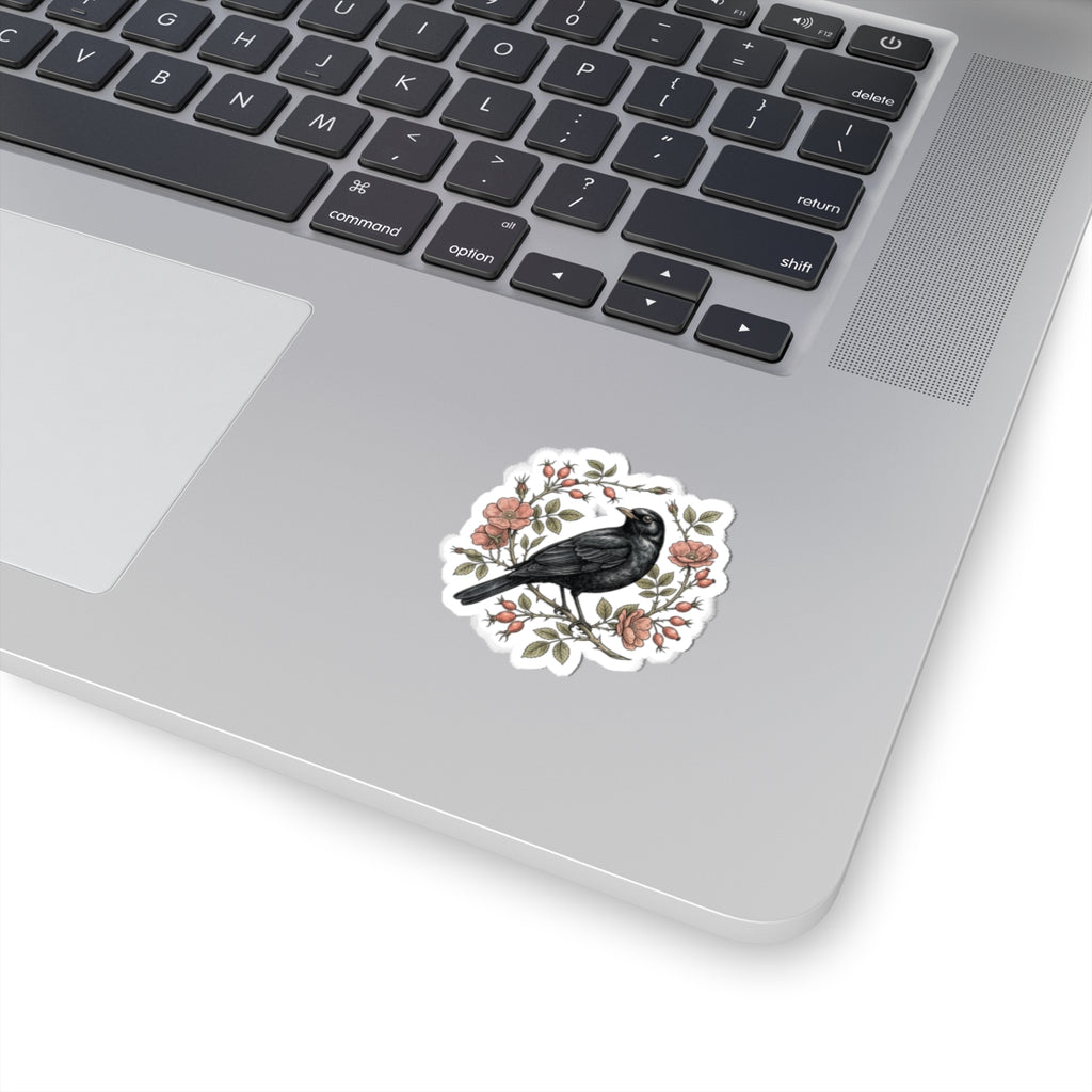 Blackbird with Rosehip Wreath Sticker | Botanical bird decal
