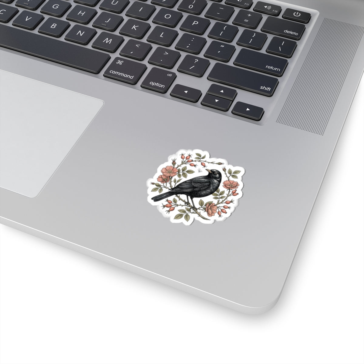 Blackbird with Rosehip Wreath Sticker | Botanical bird decal