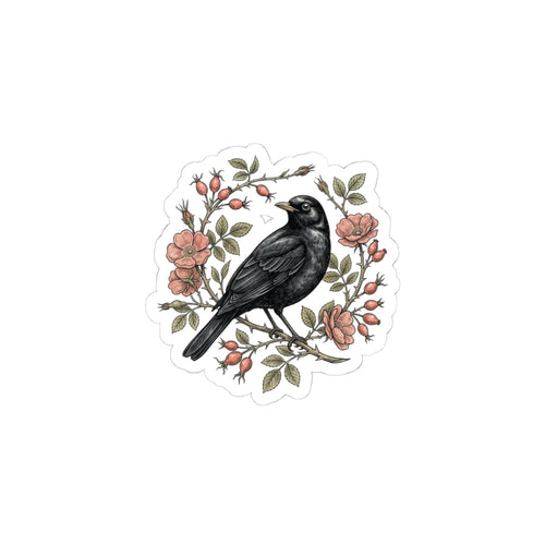 Blackbird with Rosehip Wreath Sticker | Botanical bird decal