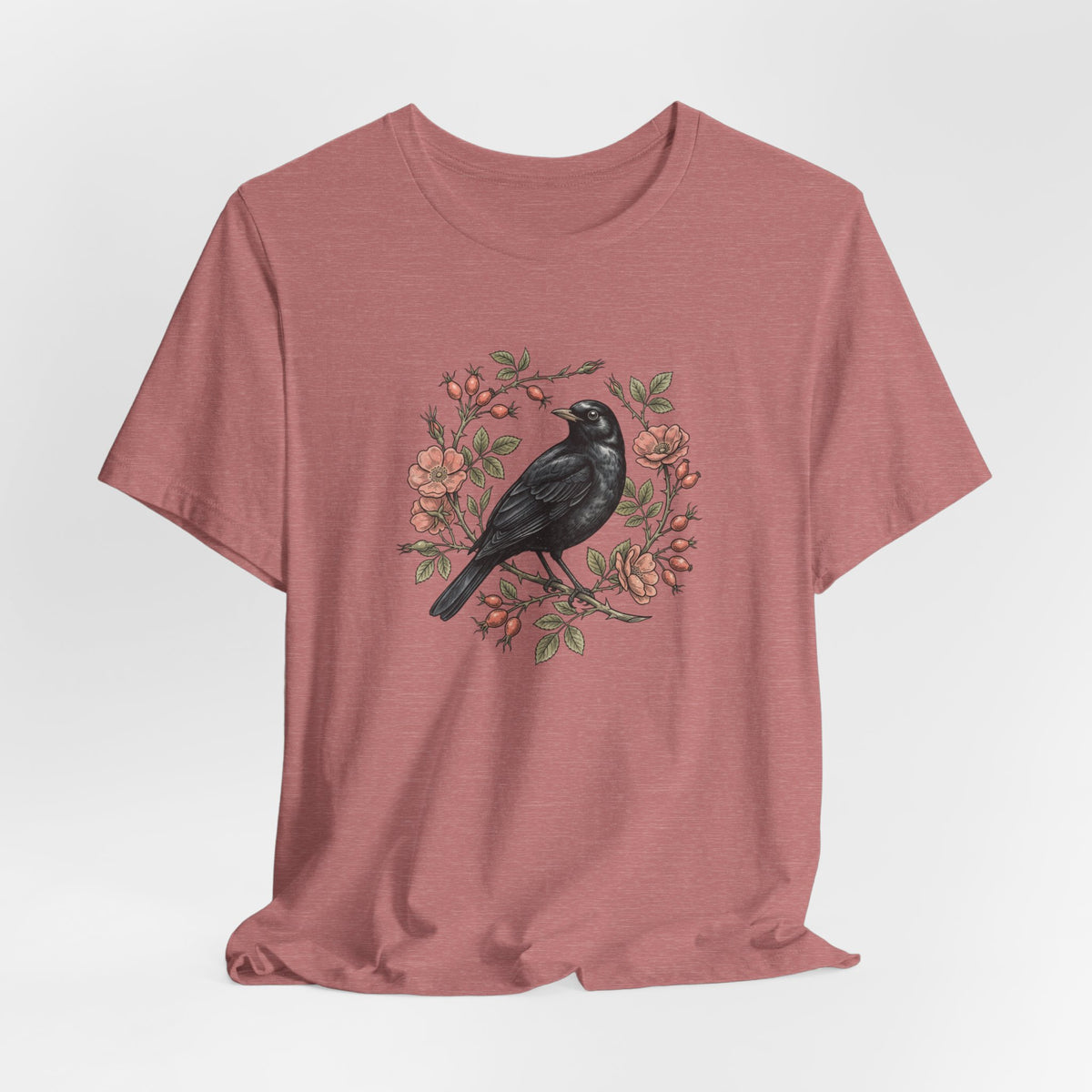 Black Bird Floral Wreath Tee | Botanical Rose Illustration