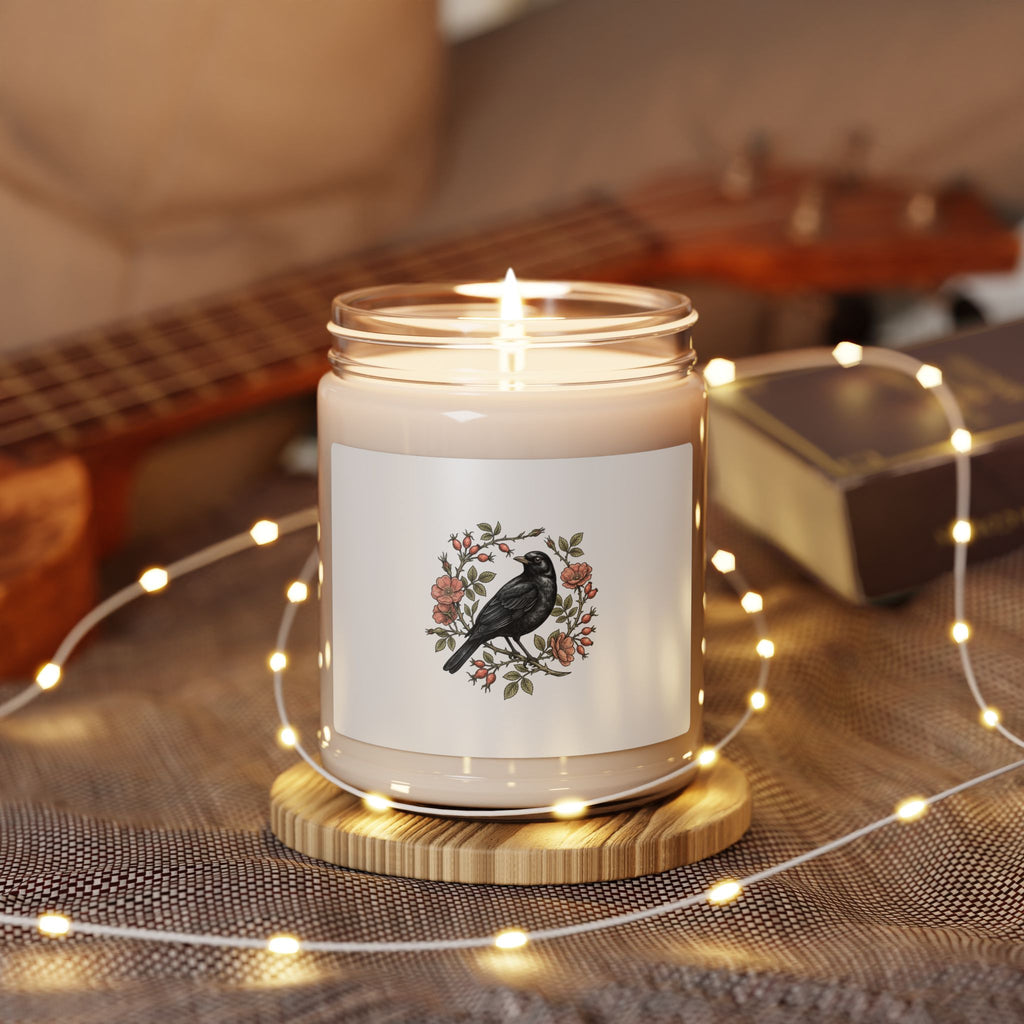 Botanical Wreath with Blackbird Candle | Soy Jar Candle, Floral Illustration