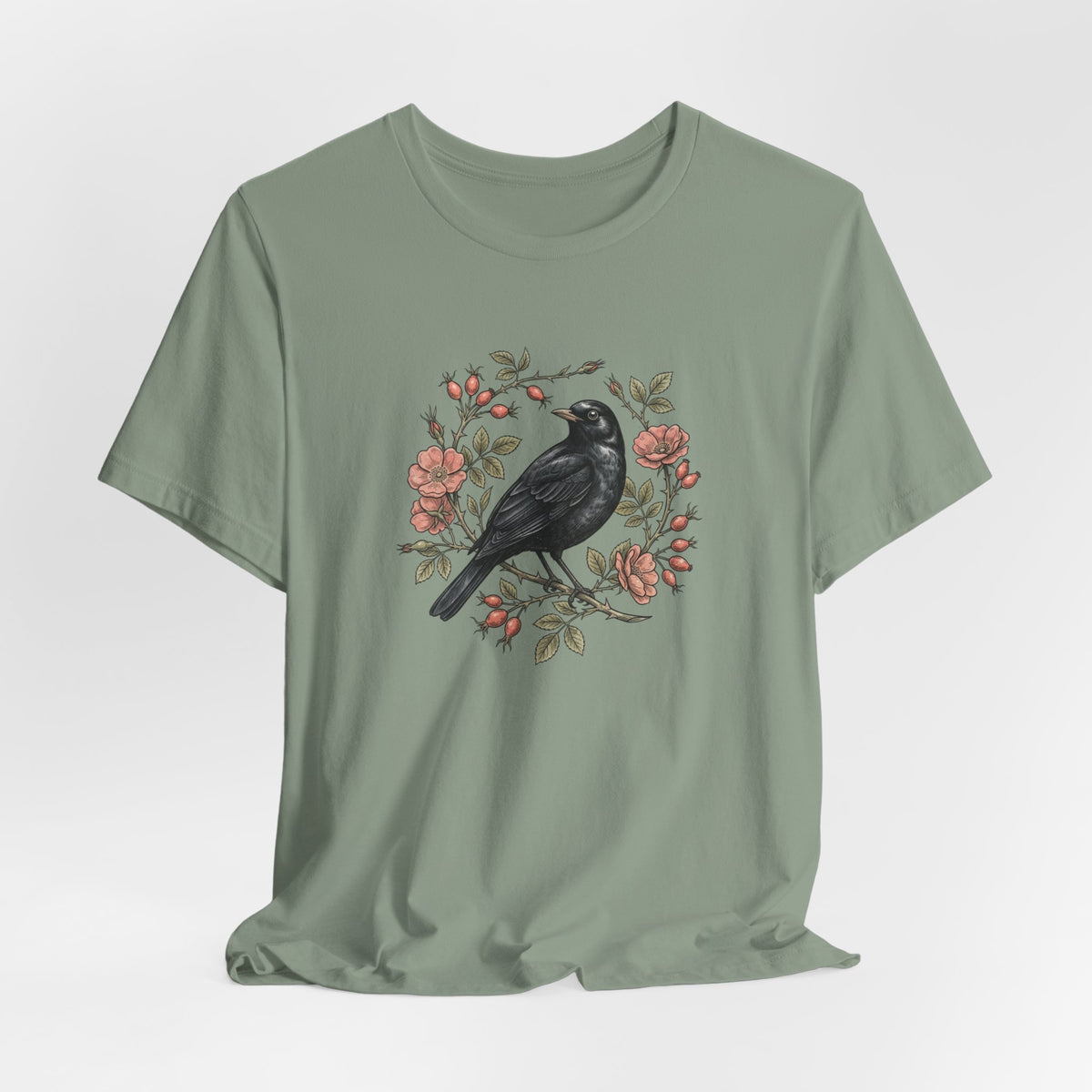 Black Bird Floral Wreath Tee | Botanical Rose Illustration