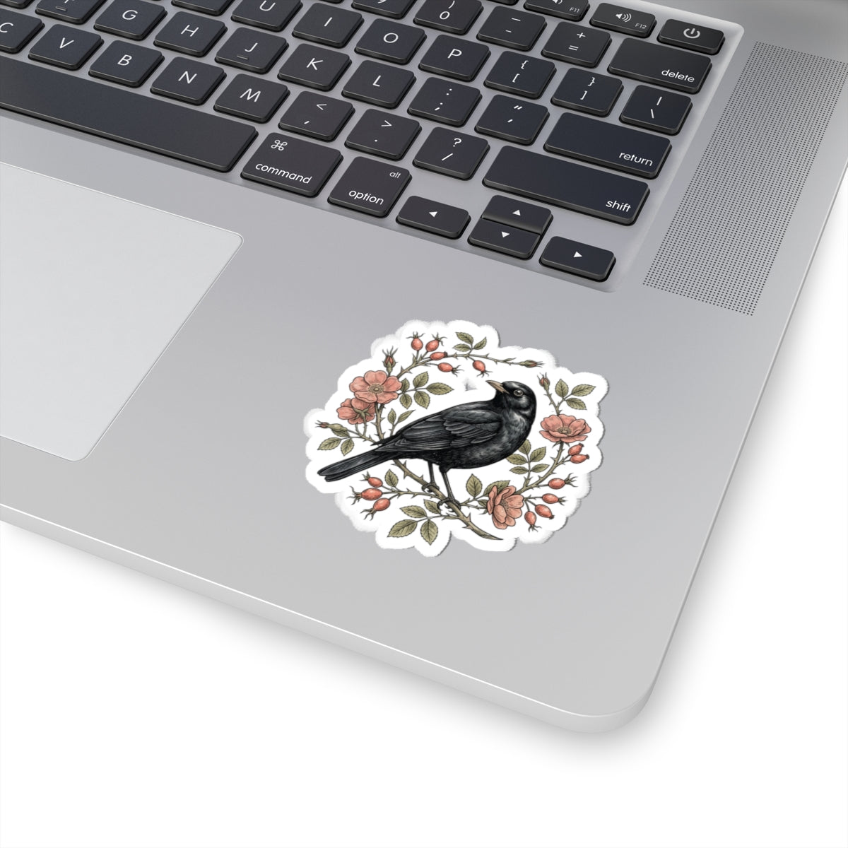 Blackbird with Rosehip Wreath Sticker | Botanical bird decal