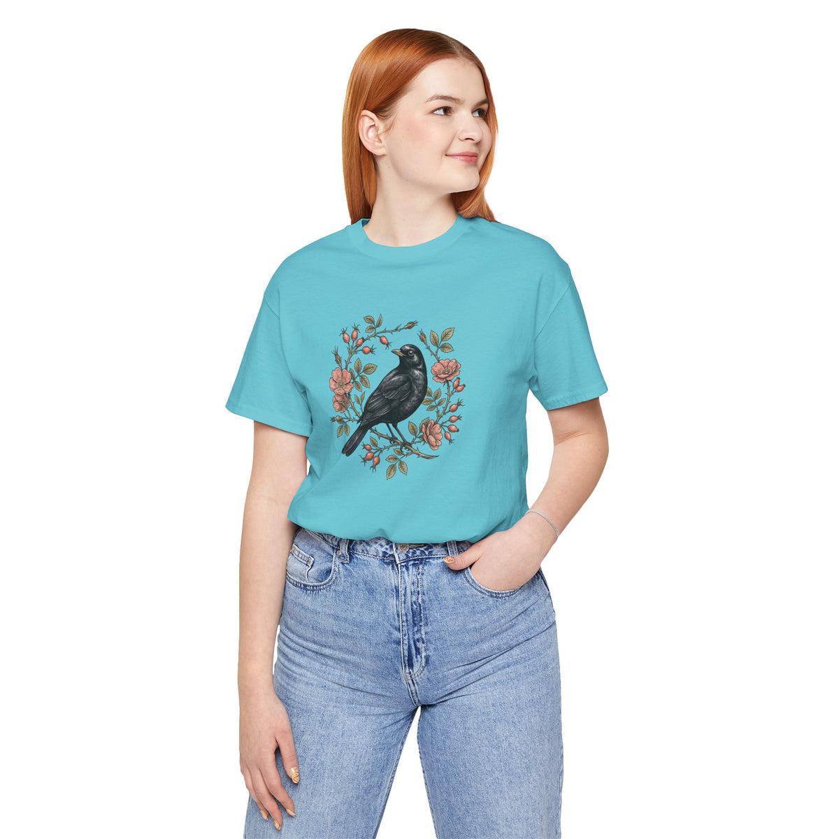 Black Bird Floral Wreath Tee | Botanical Rose Illustration