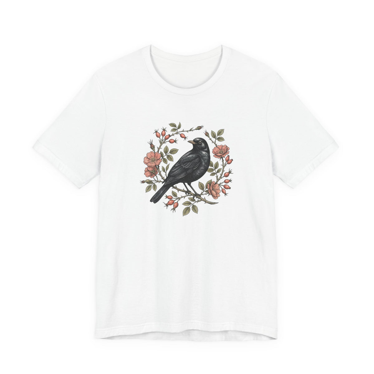 Black Bird Floral Wreath Tee | Botanical Rose Illustration