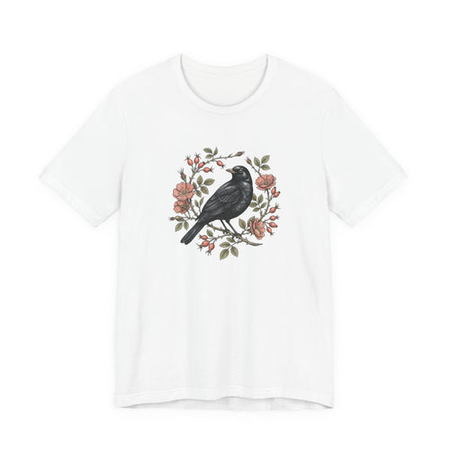 Black Bird Floral Wreath Tee | Botanical Rose Illustration