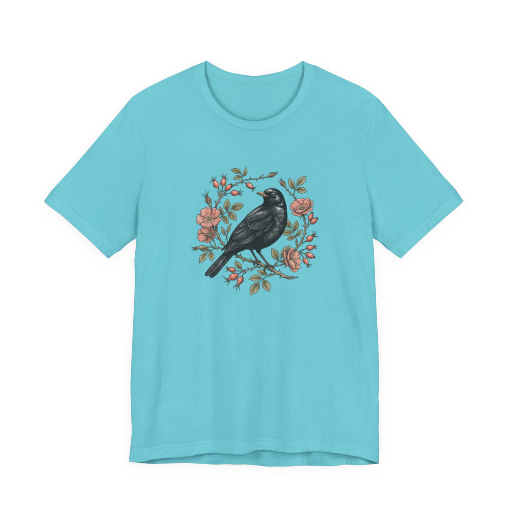 Black Bird Floral Wreath Tee | Botanical Rose Illustration