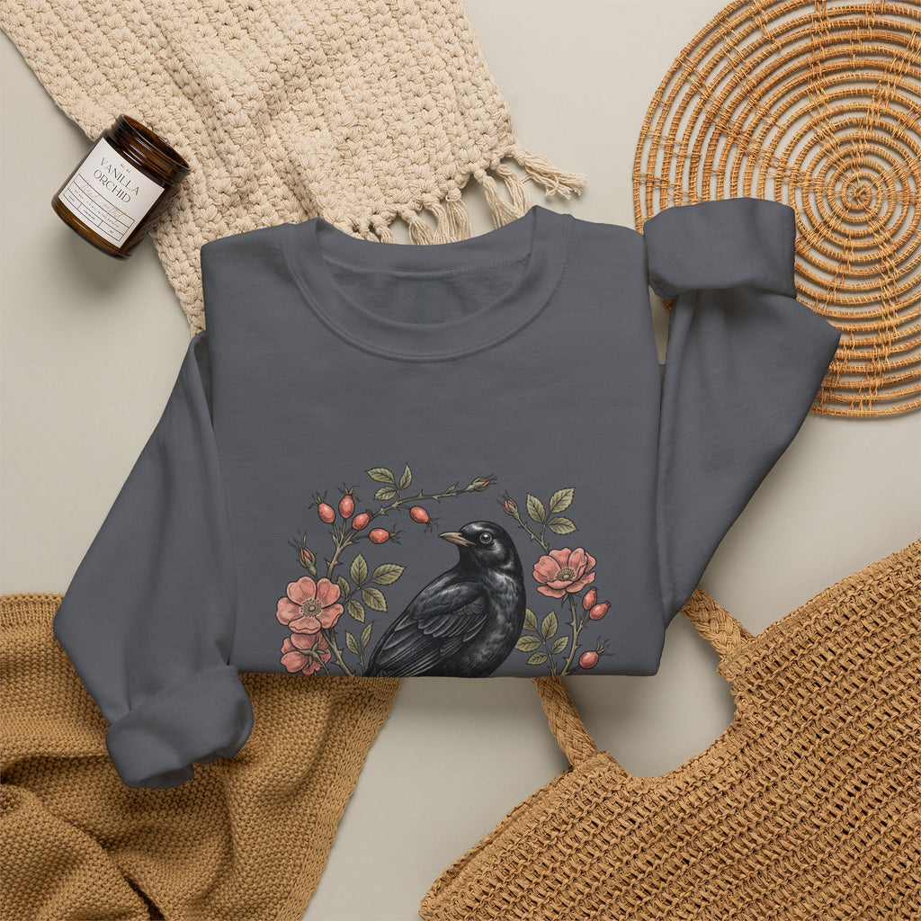 Blackbird Wreath Crewneck Sweatshirt | Botanical Floral Illustration