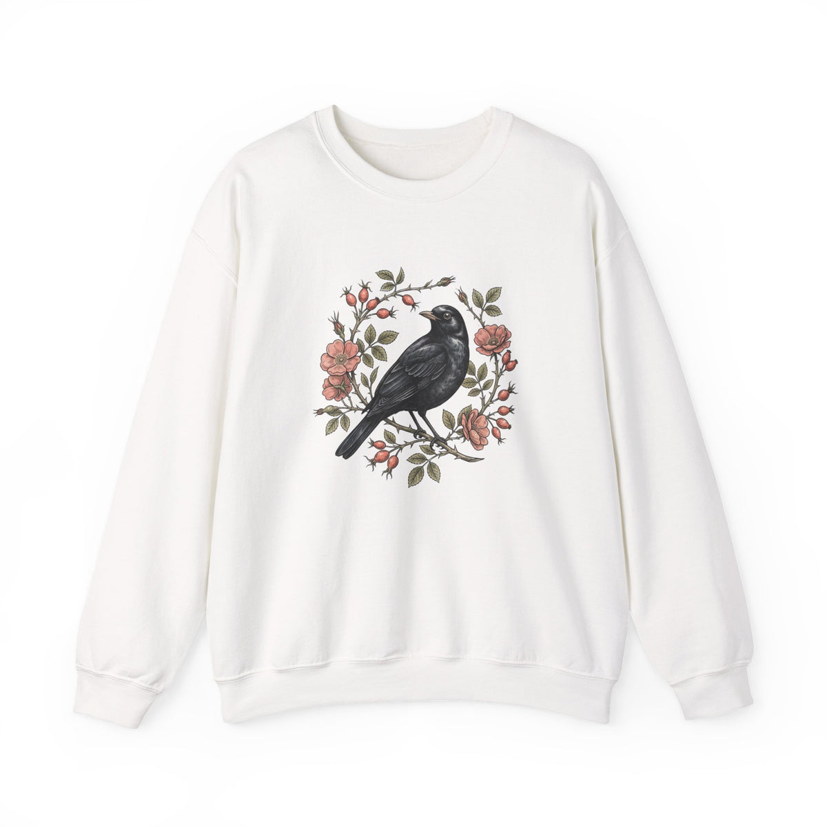 Blackbird Wreath Crewneck Sweatshirt | Botanical Floral Illustration