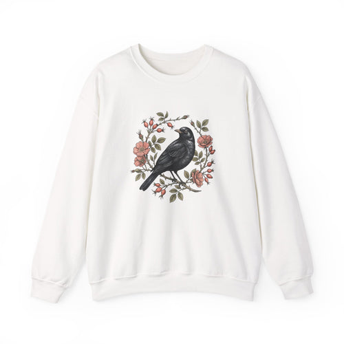 Blackbird Wreath Crewneck Sweatshirt | Botanical Floral Illustration