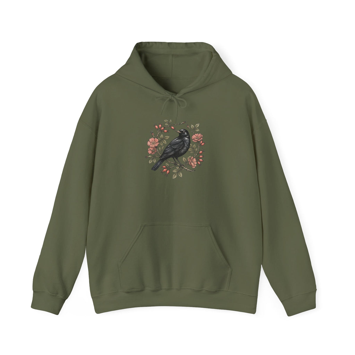 Botanical Wren Wreath Hoodie | Floral Bird Illustration, Cottagecore
