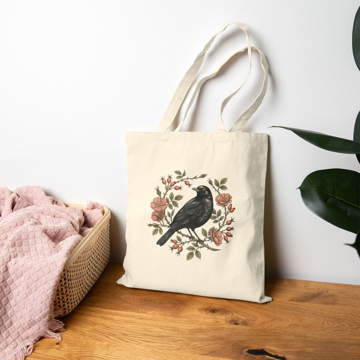 Vintage Botanical Bird Tote | Canvas Tote Bag, Floral Wreath Print