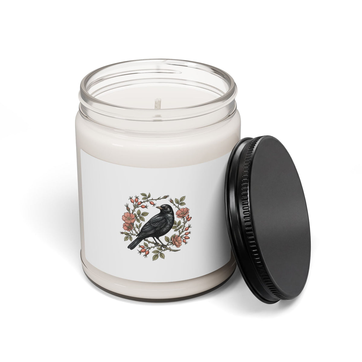 Botanical Wreath with Blackbird Candle | Soy Jar Candle, Floral Illustration
