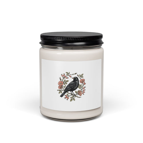 Botanical Wreath with Blackbird Candle | Soy Jar Candle, Floral Illustration