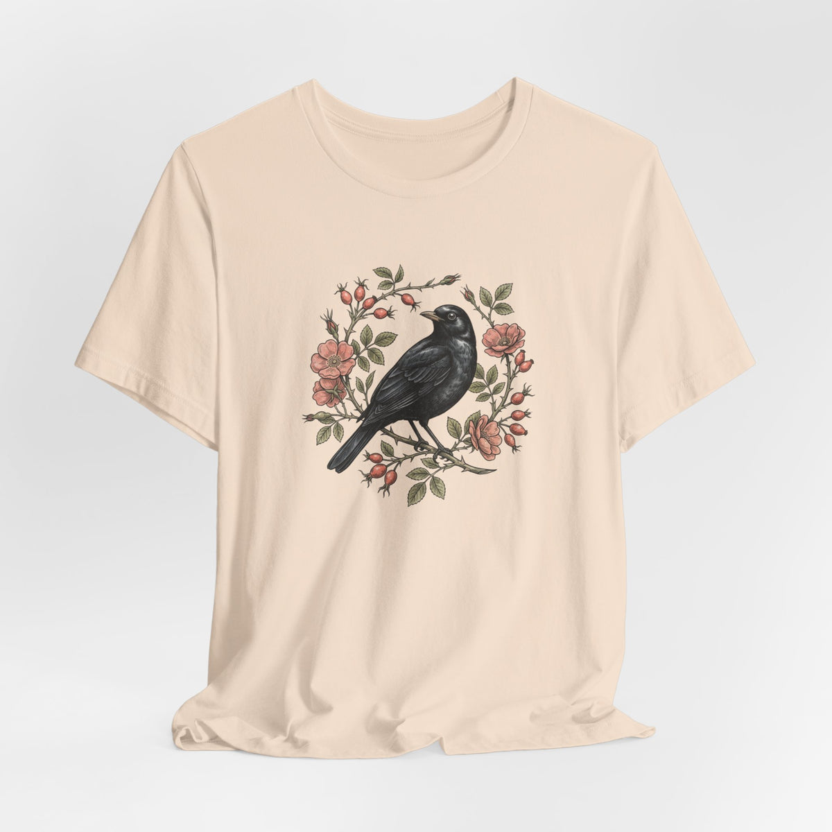 Black Bird Floral Wreath Tee | Botanical Rose Illustration