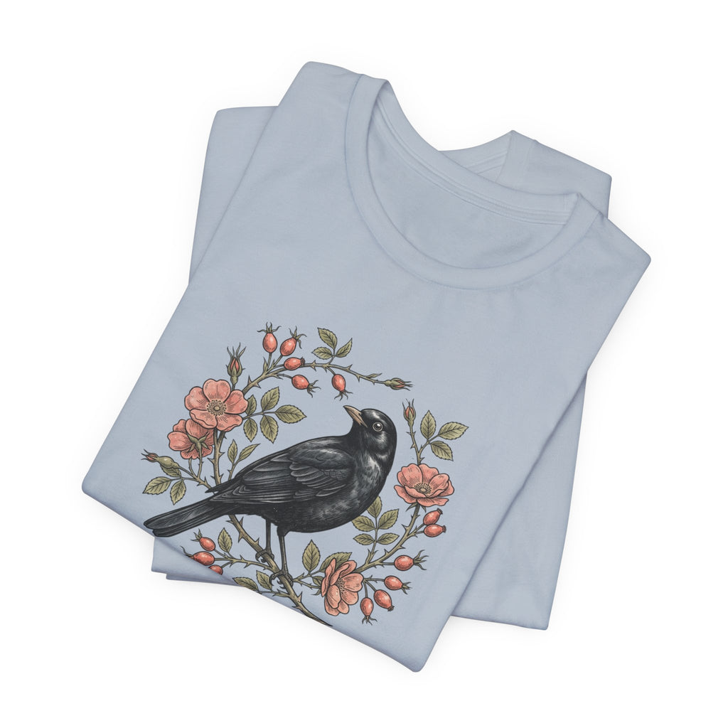 Black Bird Floral Wreath Tee | Botanical Rose Illustration