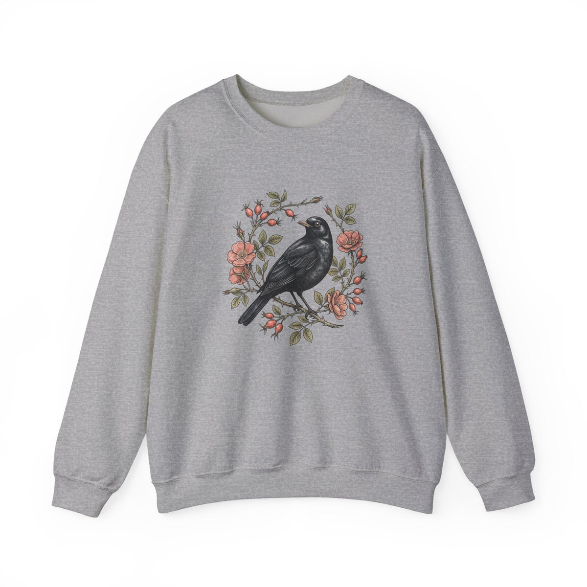 Blackbird Wreath Crewneck Sweatshirt | Botanical Floral Illustration