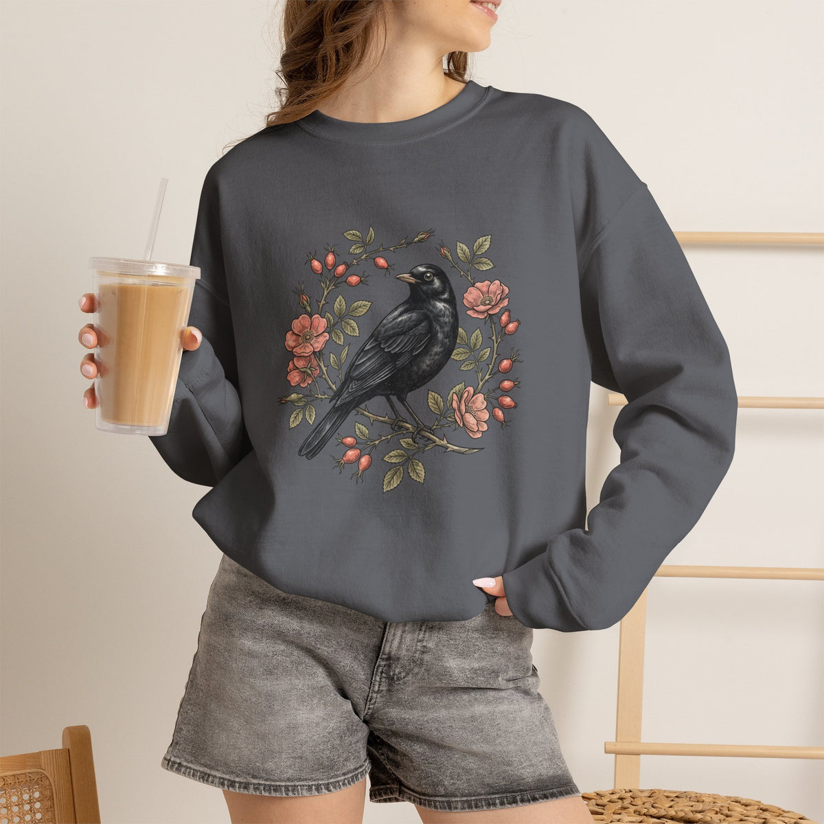 Blackbird Wreath Crewneck Sweatshirt | Botanical Floral Illustration
