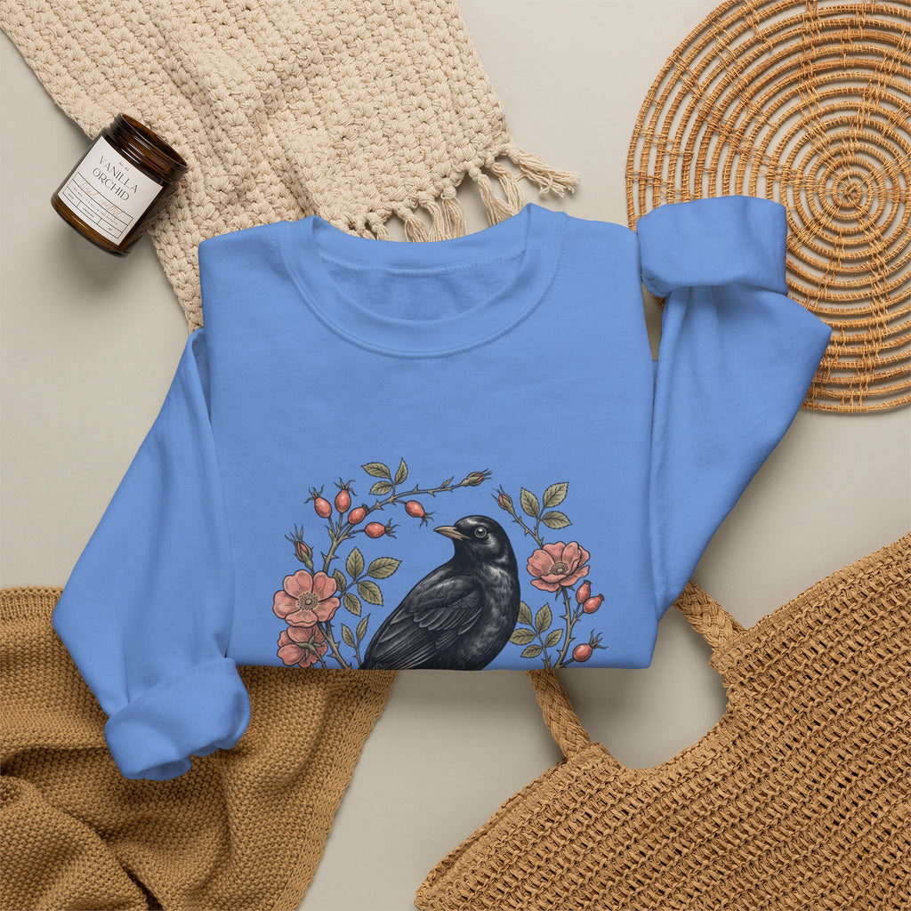 Blackbird Wreath Crewneck Sweatshirt | Botanical Floral Illustration