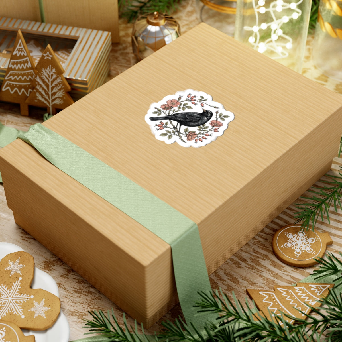 Blackbird with Rosehip Wreath Sticker | Botanical bird decal
