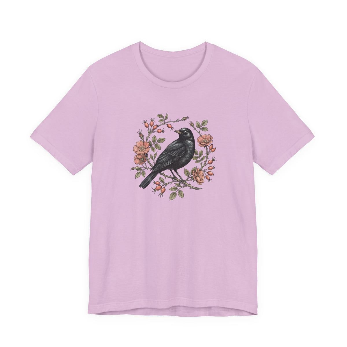 Black Bird Floral Wreath Tee | Botanical Rose Illustration