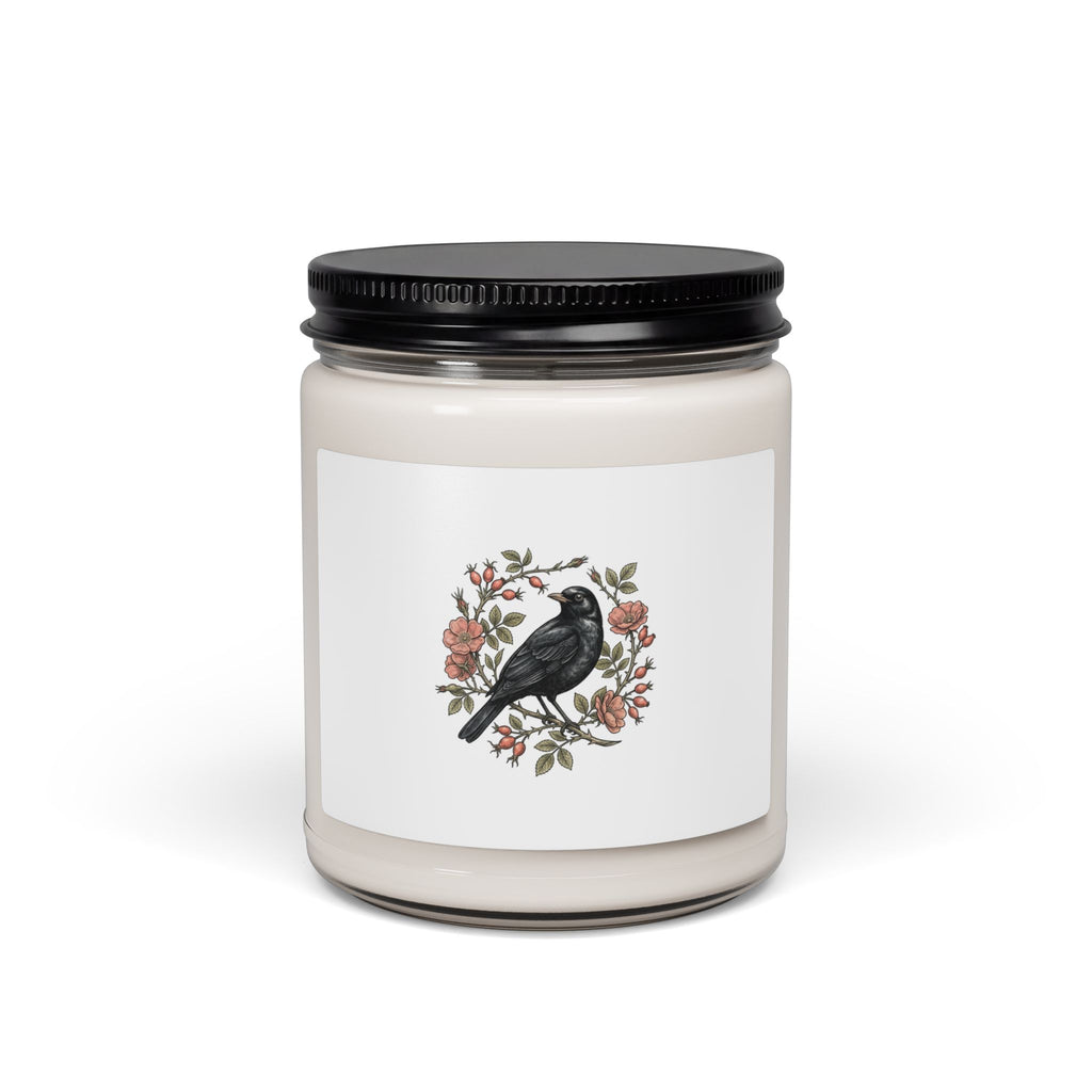 Botanical Wreath with Blackbird Candle | Soy Jar Candle, Floral Illustration