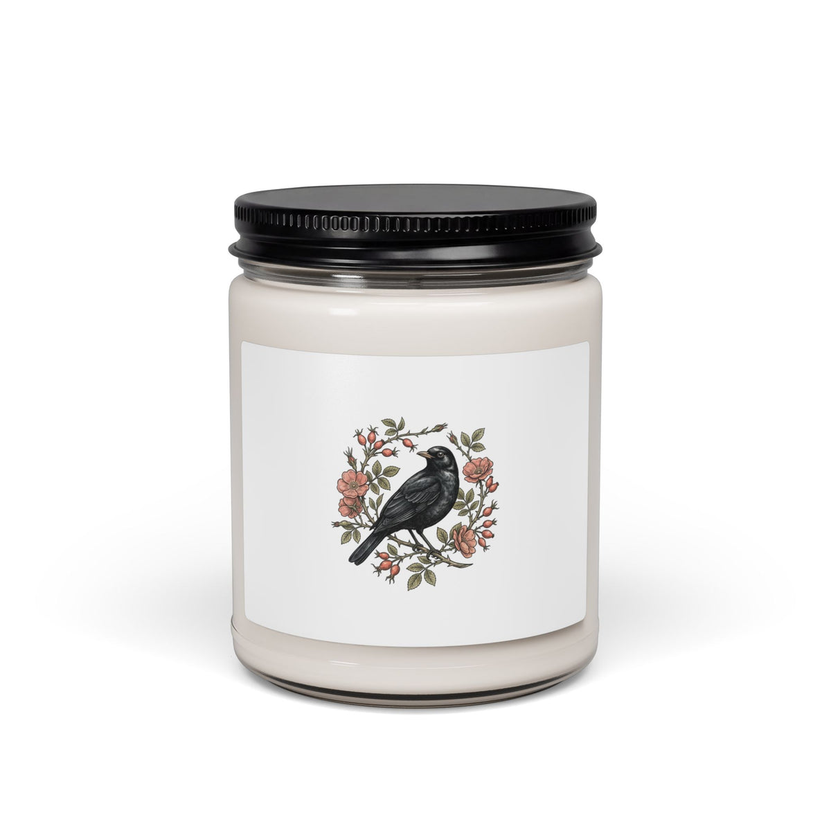 Botanical Wreath with Blackbird Candle | Soy Jar Candle, Floral Illustration