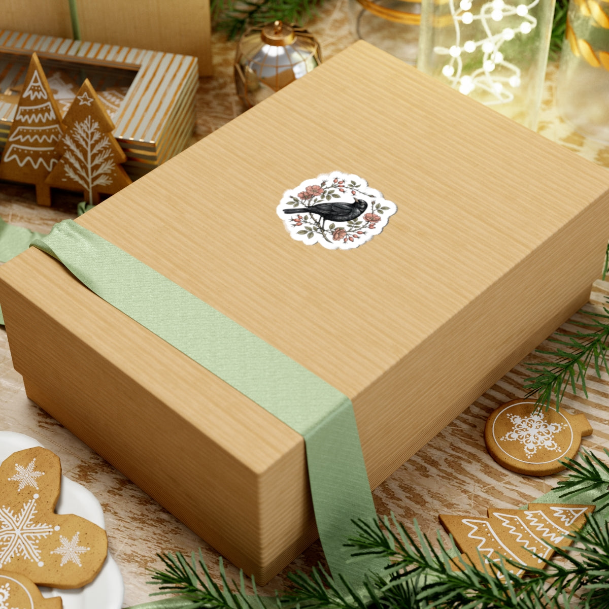 Blackbird with Rosehip Wreath Sticker | Botanical bird decal