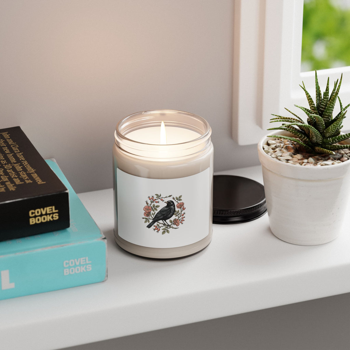 Botanical Wreath with Blackbird Candle | Soy Jar Candle, Floral Illustration