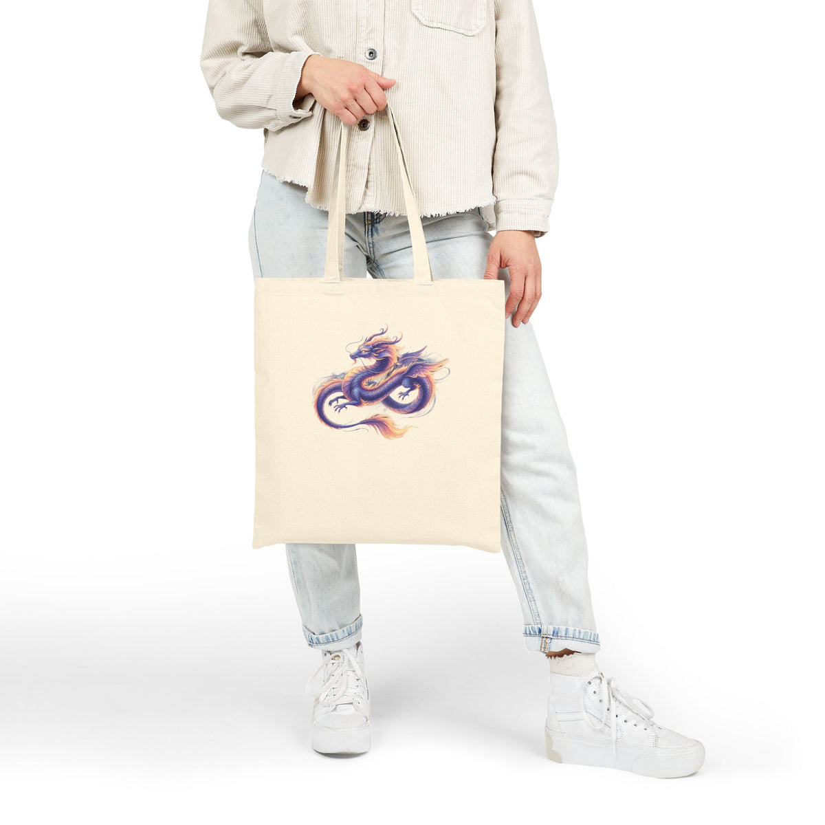 Watercolor Dragon Tote Bag | Mythical Serpent Art, Purple Orange Brushstroke