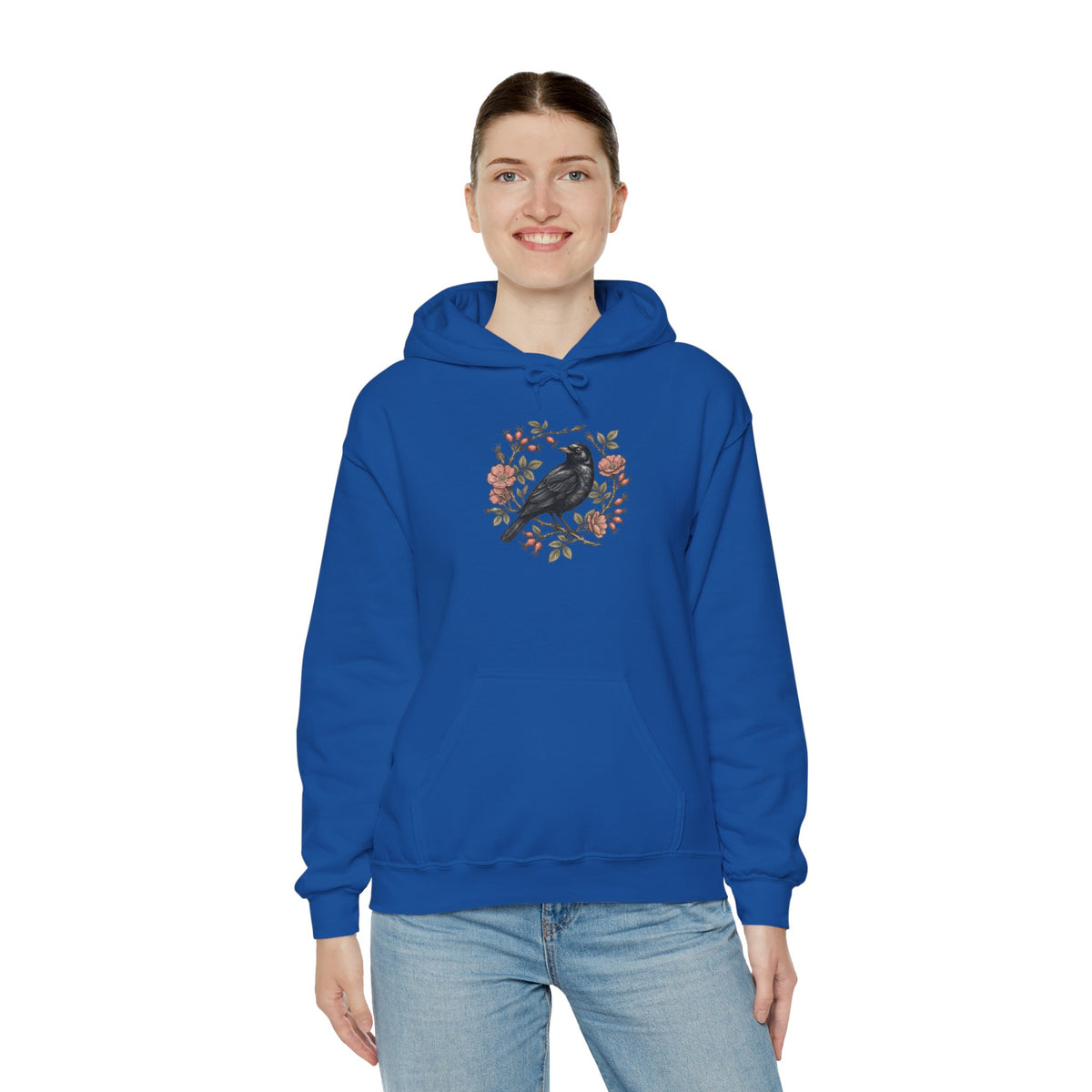 Botanical Wren Wreath Hoodie | Floral Bird Illustration, Cottagecore