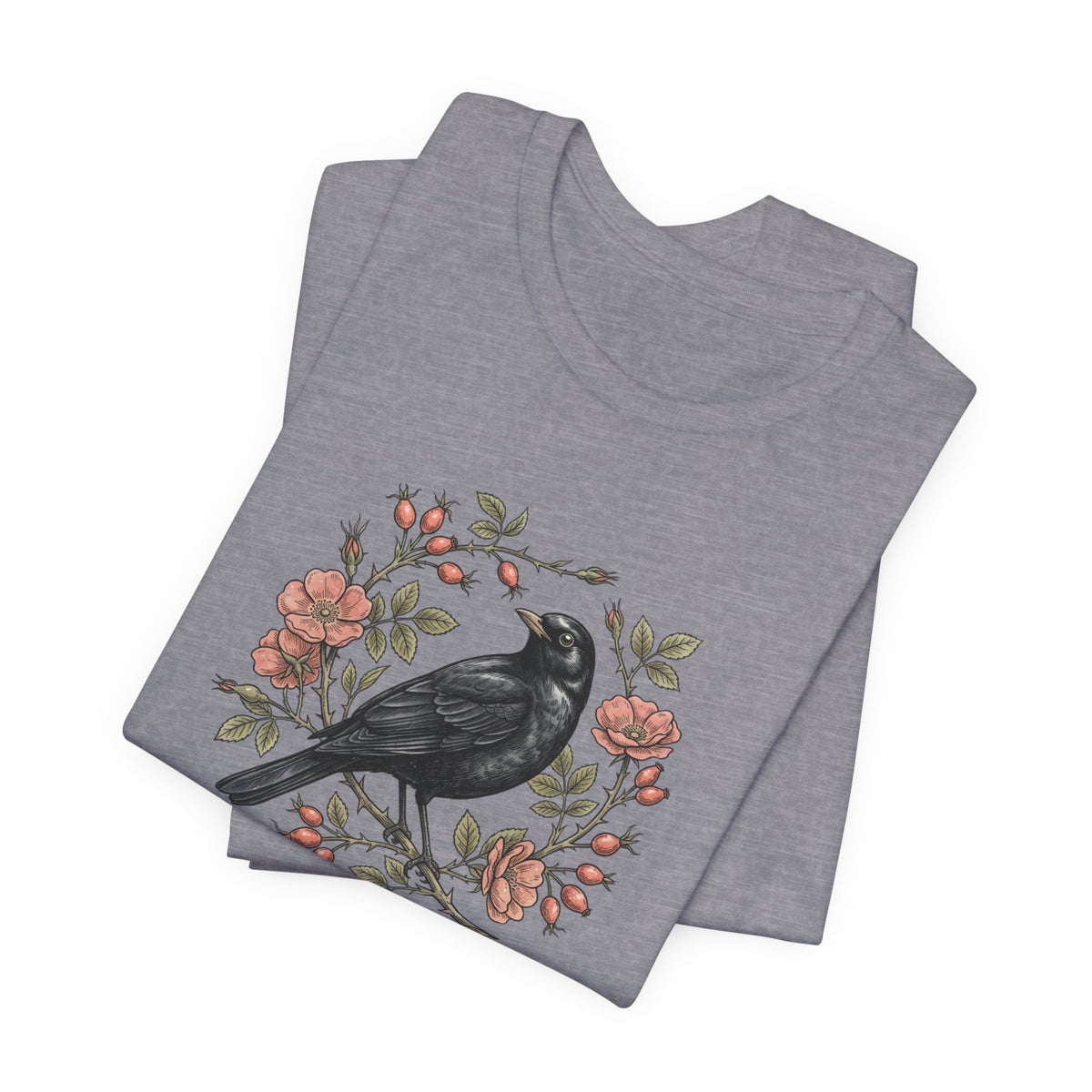 Black Bird Floral Wreath Tee | Botanical Rose Illustration