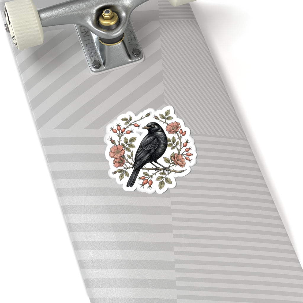 Blackbird with Rosehip Wreath Sticker | Botanical bird decal