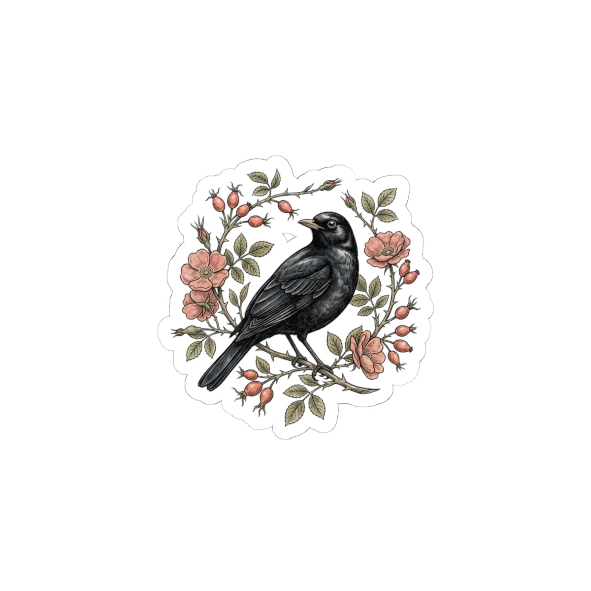Blackbird with Rosehip Wreath Sticker | Botanical bird decal
