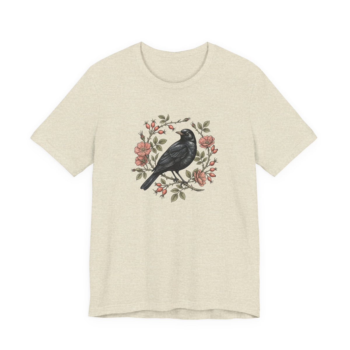 Black Bird Floral Wreath Tee | Botanical Rose Illustration